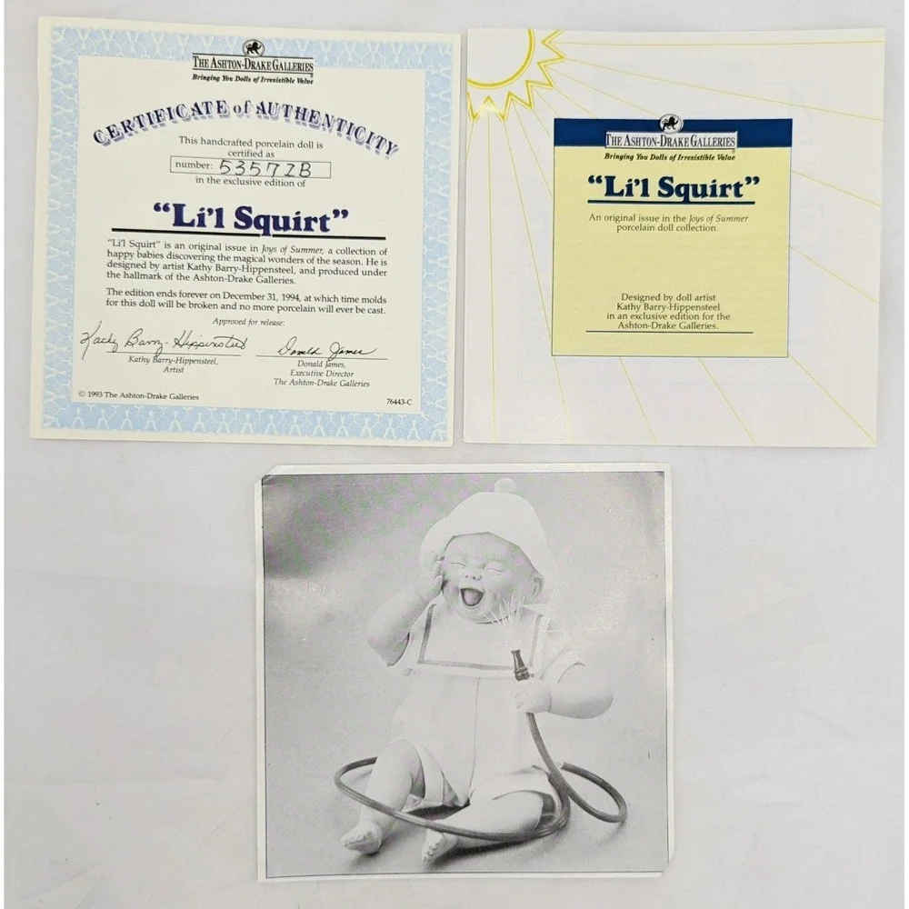 1993 Ashton Drake Galleries Li'l Squirt Porcelain Doll WIth COA & Hose